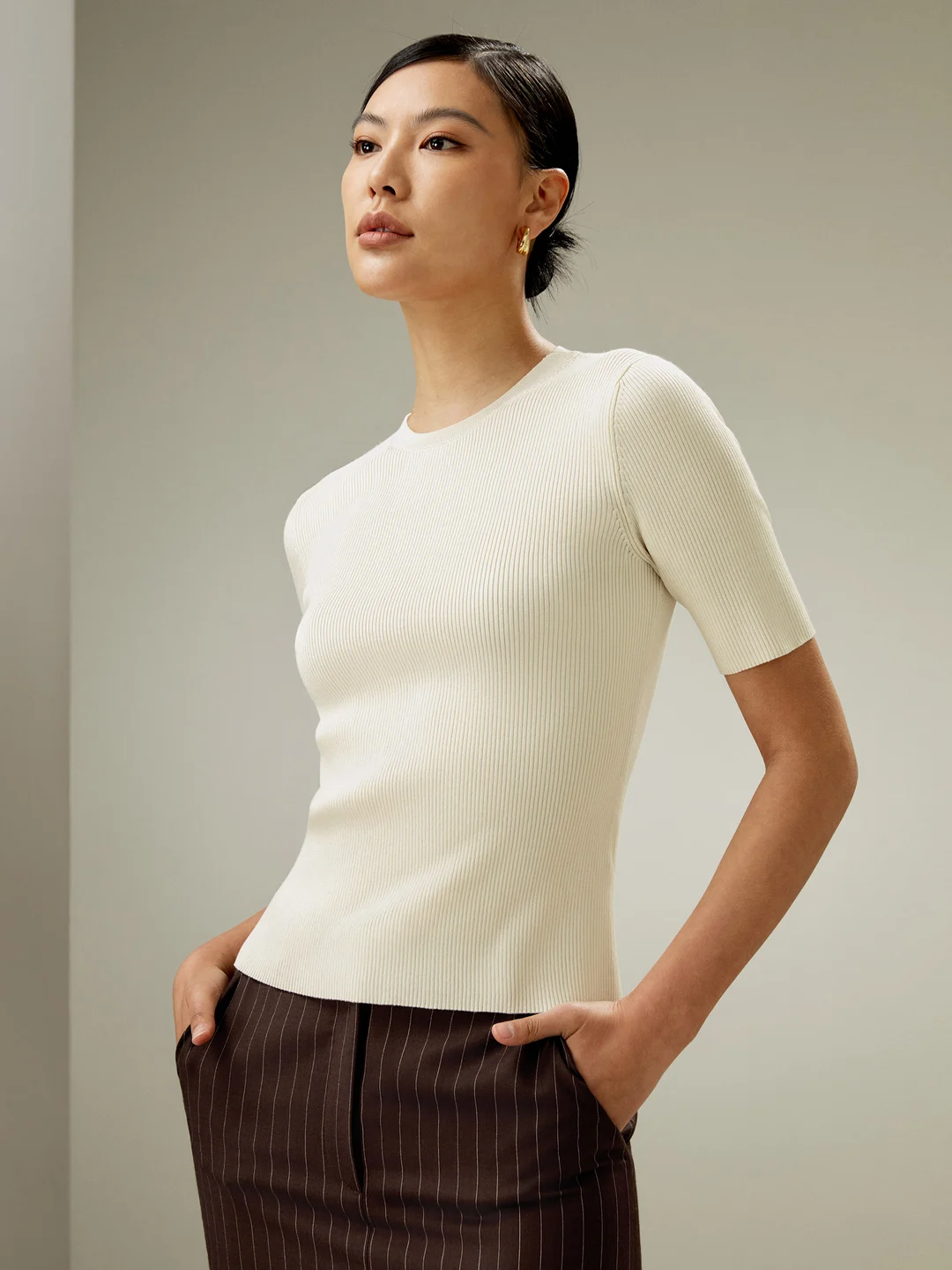LILYSILK T Shirt En Soie Bleu Marine Maille Côtelée Fine, Coupe Slim 100% Soie Naturelle Léger Et Résistant Aux Rides S
