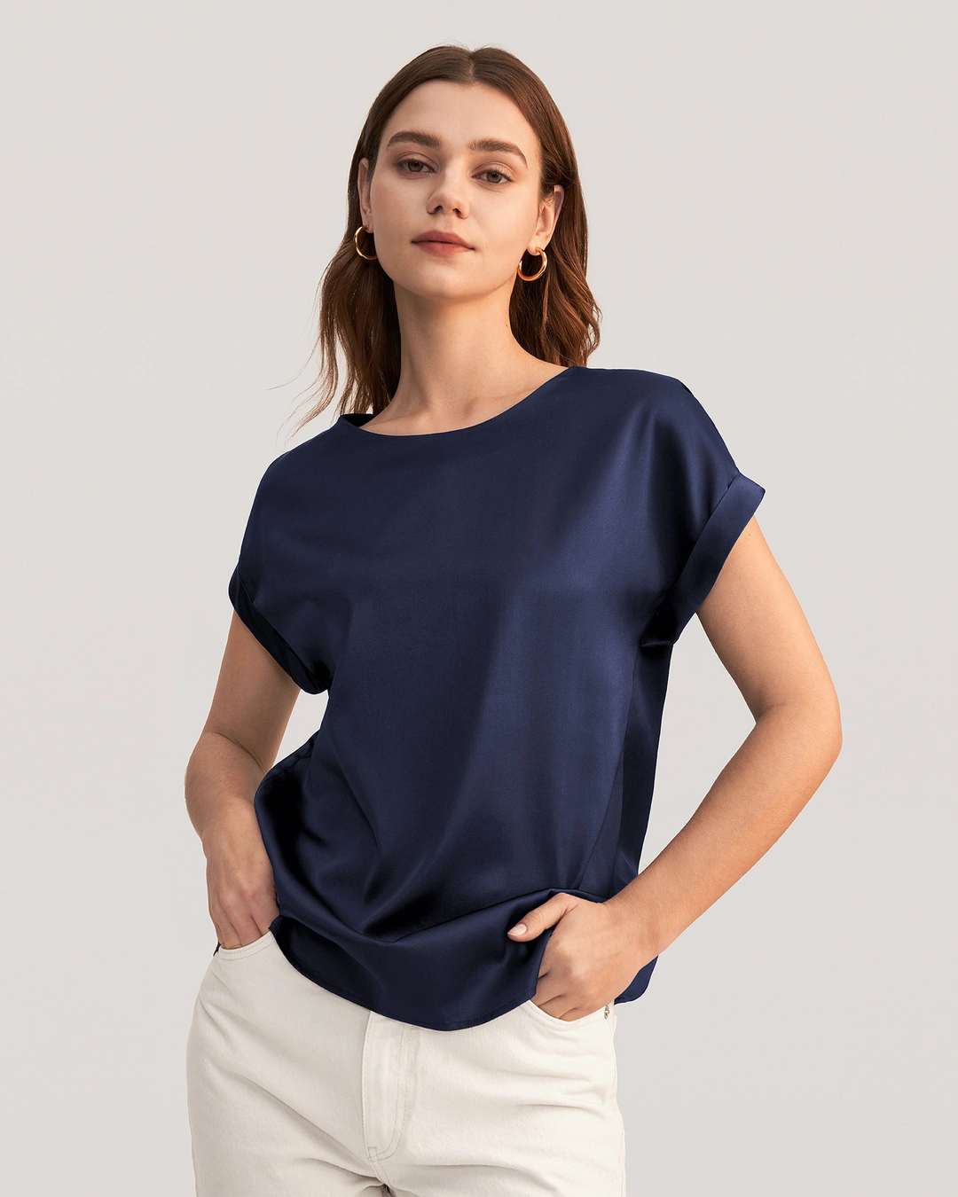 LILYSILK T Shirt Soie Coupe Régulière Poignets Roulés Mancherons Bleu Marine S