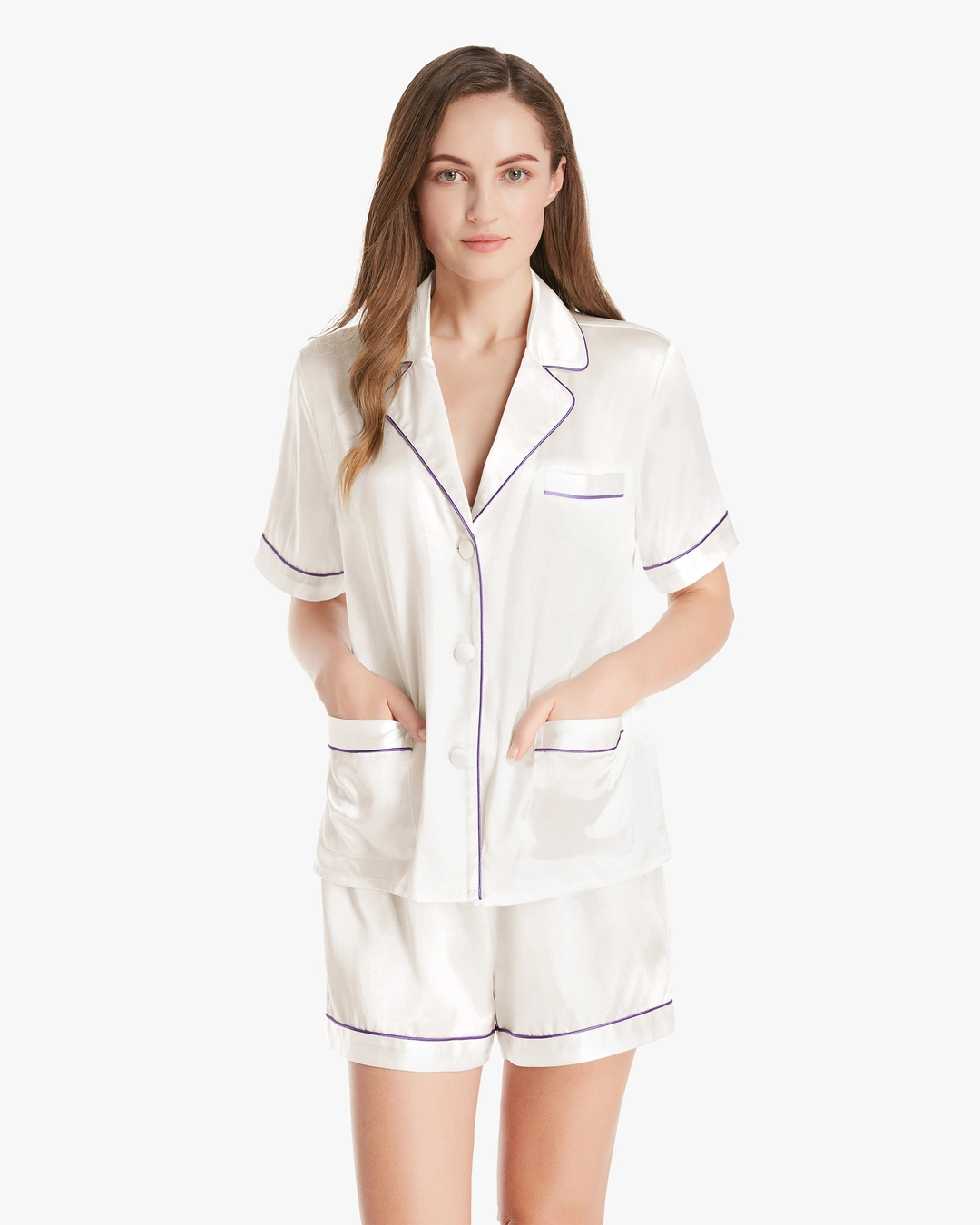 LILYSILK Ensemble Pyjama En Soie Femme Bleu Marine Avec Passepoil Contrasté Et Poches 100% Soie Pure Léger Et Résistant Aux Rides XS