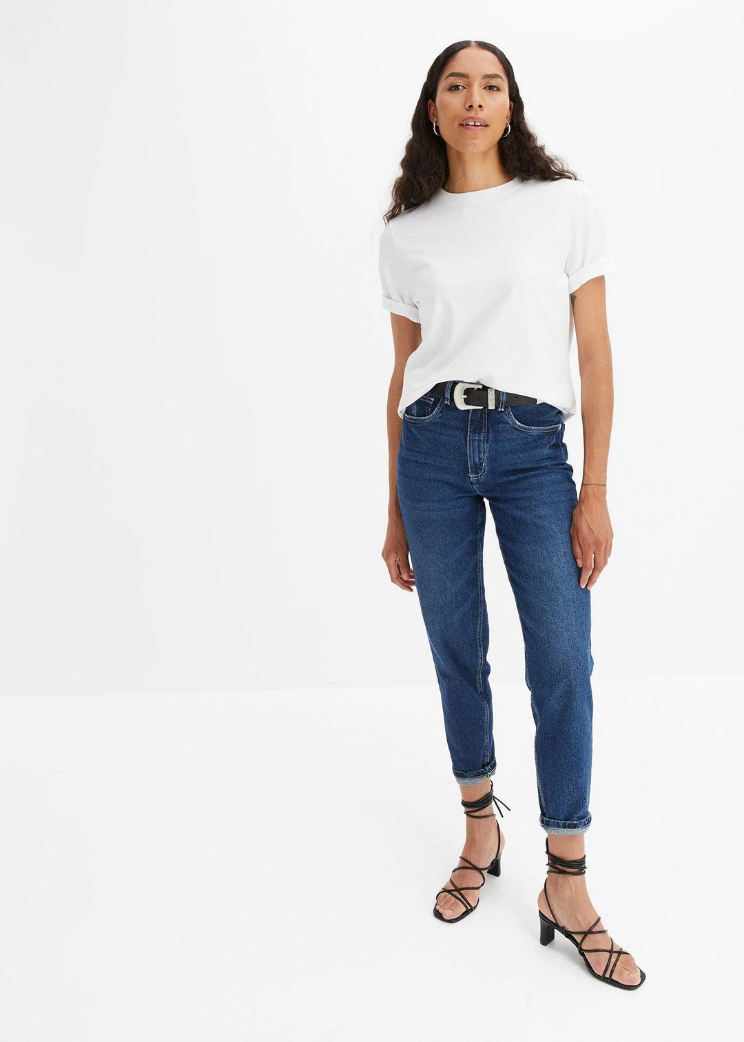 Jean mom taille haute, peu extensible, cropped - 2