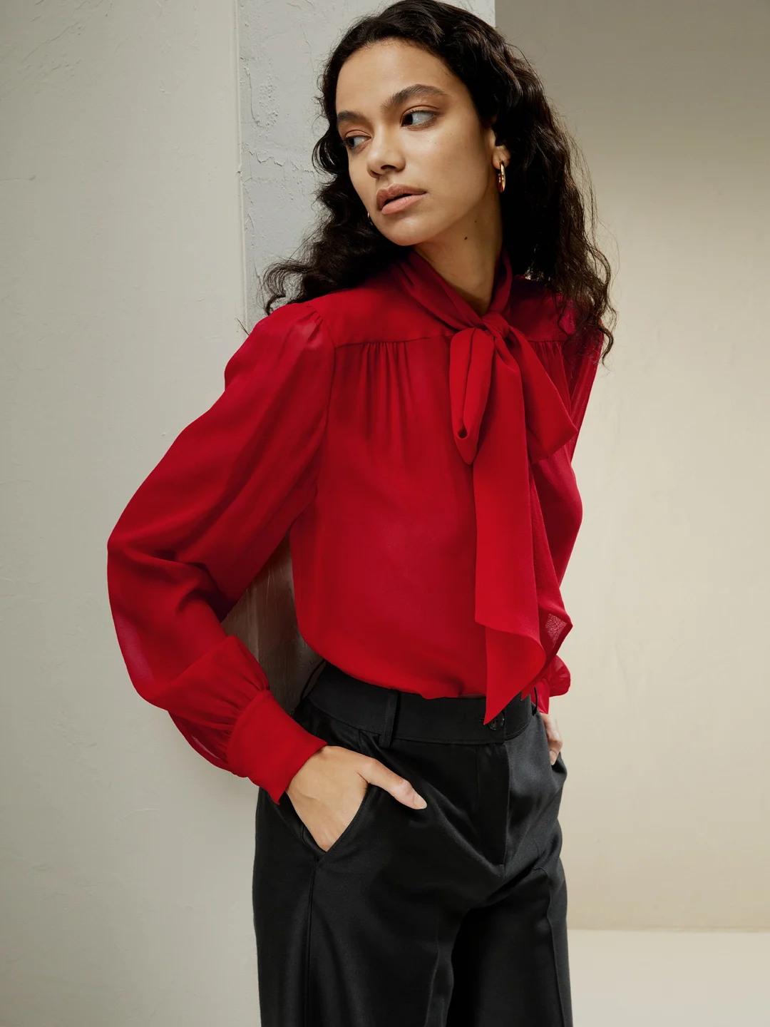 LILYSILK Chemisiers En Soie Rouge Conception De Noeud Papillon 100% Soie Pure Léger Et Résistant Aux Rides S