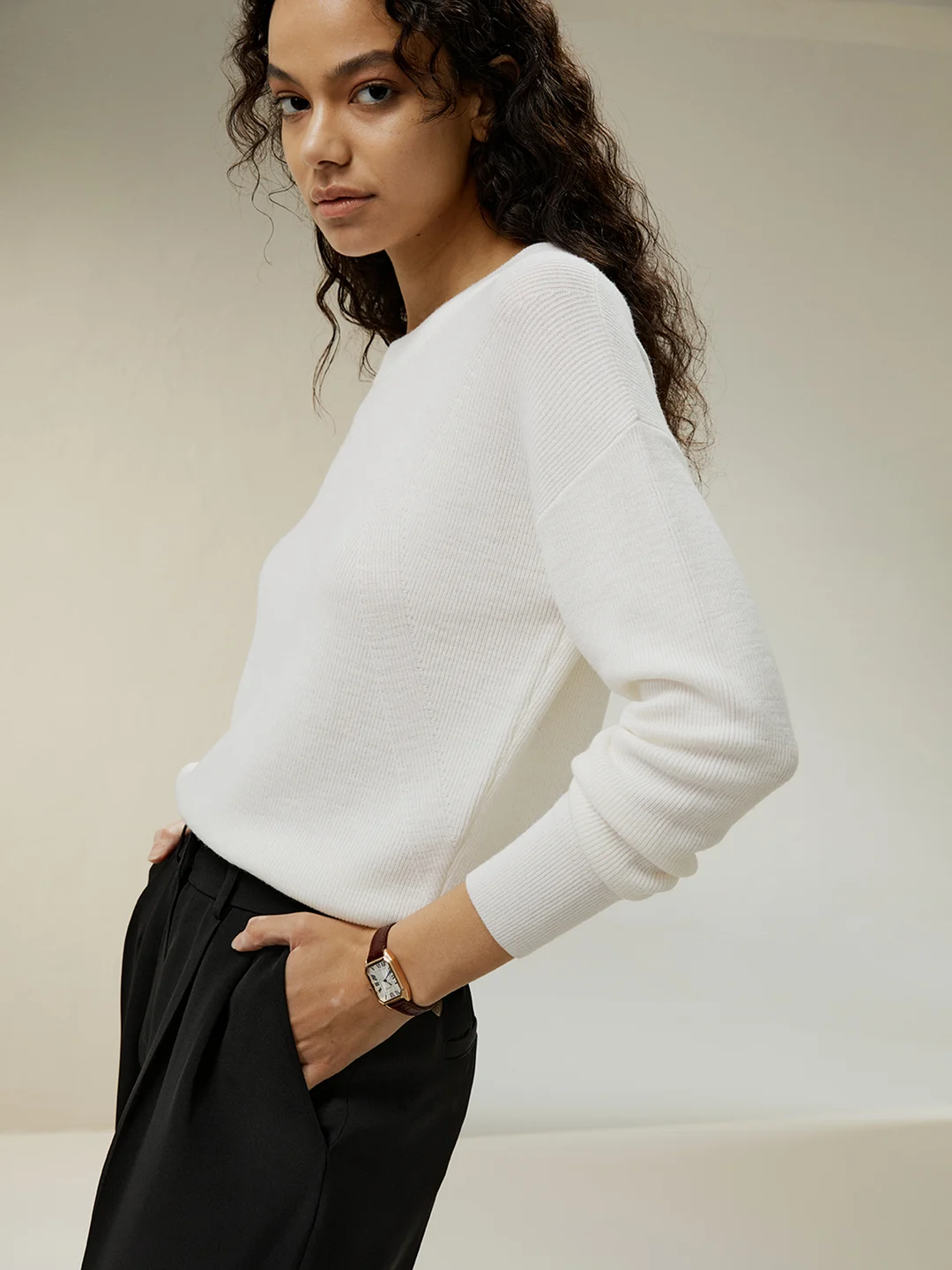LILYSILK Pull En Laine Femme Blanc Col Ras Du Cou, Épaules Tombantes Laine Mérinos Ultra Fine Coupe Décontractée Adaptée À Une Journée De Loisirs M