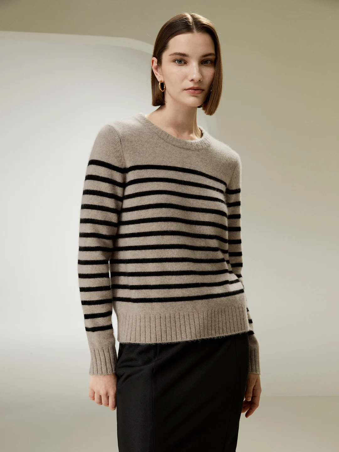LILYSILK Pull En Cachemir Femme Camel À Rayures Noires Rayé Marin, Col Rond 100 % Cachemire Doux Pour La Peau Et Respirant S
