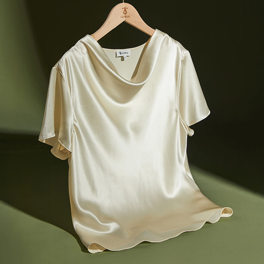 LILYSILK T Shirt En Soie Femme Bleu Ciel Cou De Capot, Ajustement Régulier 100% Soie De Mûrier Super Doux 38