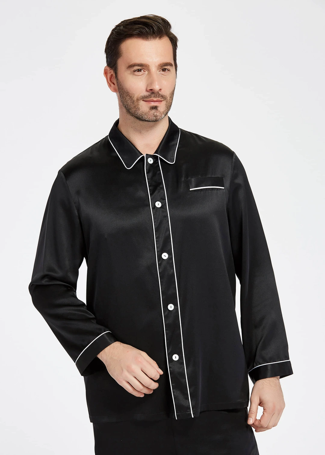 LILYSILK Pyjama En Soie Homme Noir Col À Revers, Boutons En Nacre 100% Soie Naturellement Antibactérien Pyjama XL
