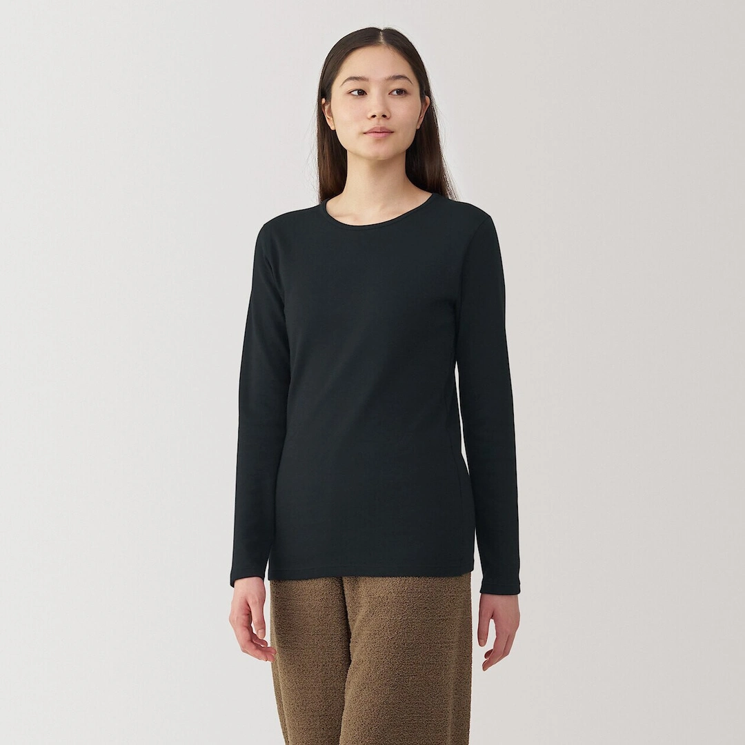 T‐shirt manches longues col rond en coton et laine chauds pour femme