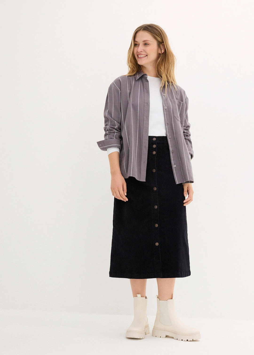 Jupe midi extensible en velours côtelé avec patte de boutonnage - 2