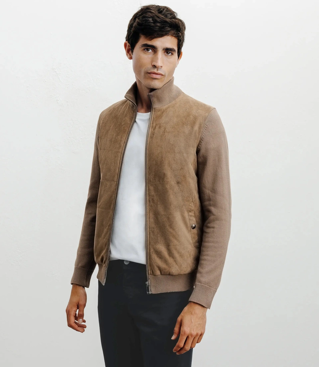 IZAC - Gilet zip bi-matière chatain