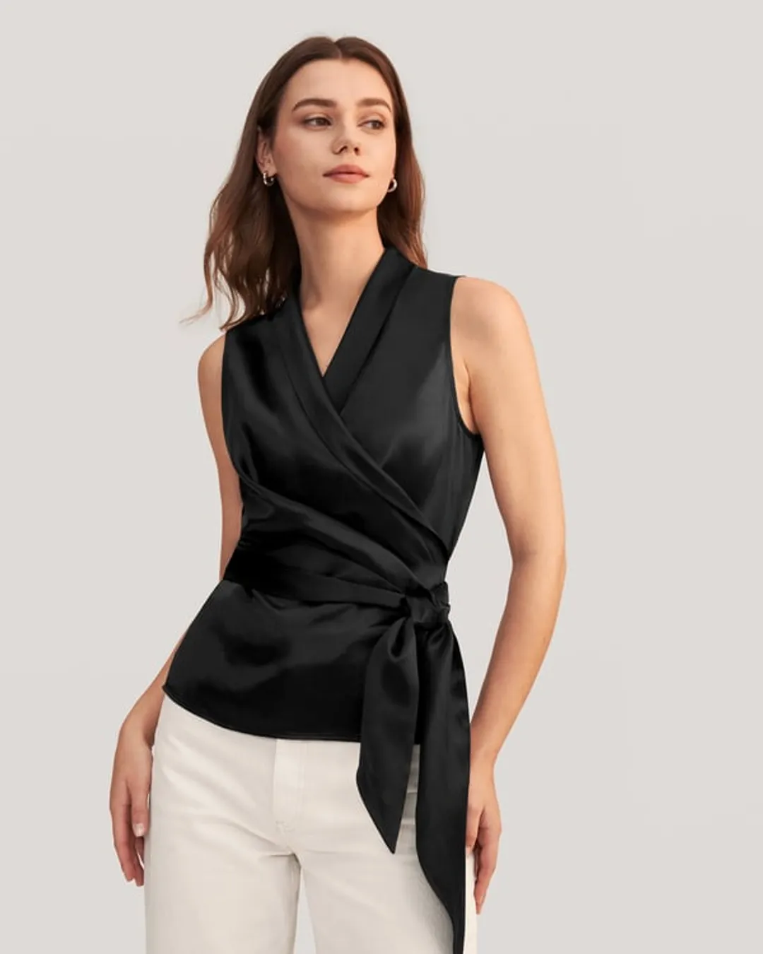 LILYSILK Chemisiers En Soie Noir Modèle Enveloppant Avec Nœud Papillon 100% Soie Naturelle Léger Et Résistant Aux Rides 36