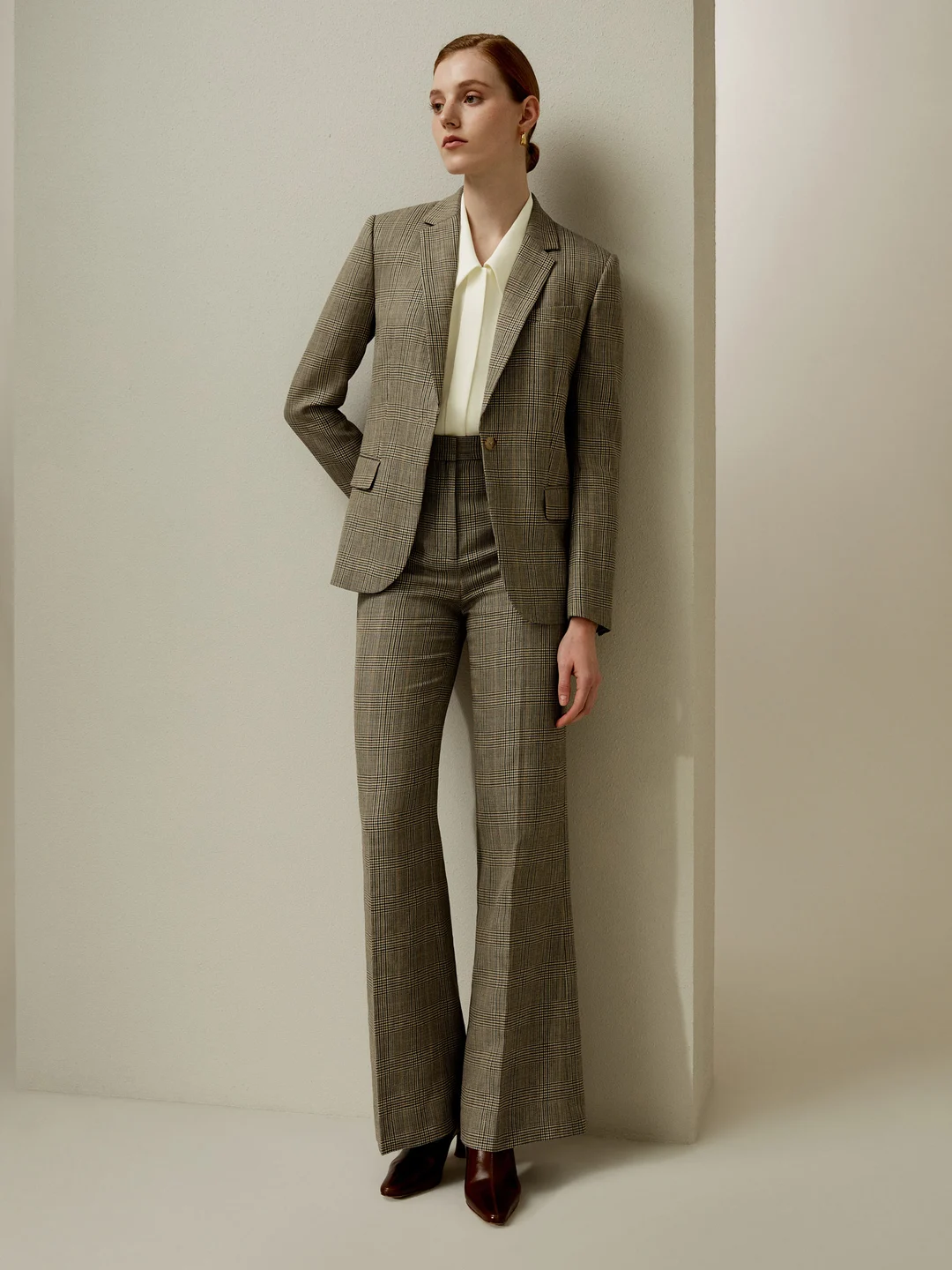 LILYSILK Pantalon Laine Et Soie Brun Cendré Chèque Glen, Style Formel Mélange Soie-Laine Élégance Intemporelle Et Style Sophistiqué 34