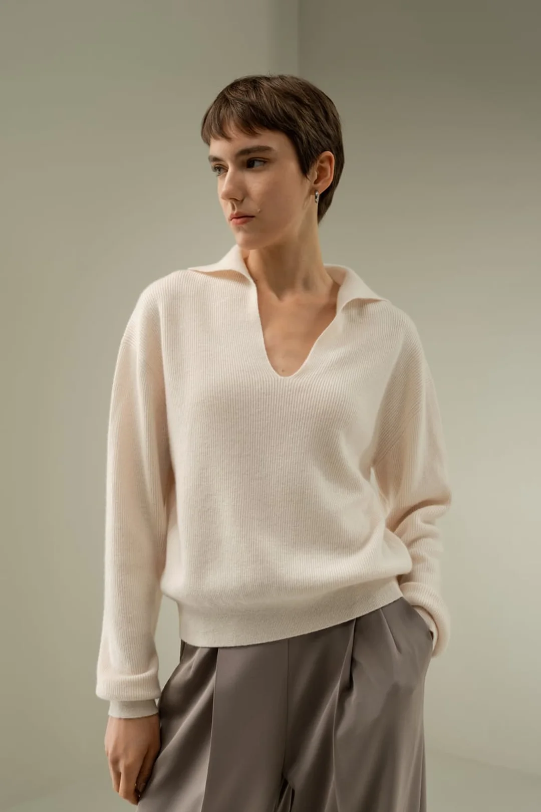 LILYSILK Polo Côtelé Cachemire Femme Tonnerre M - Doux, Léger, Respirant, Col V