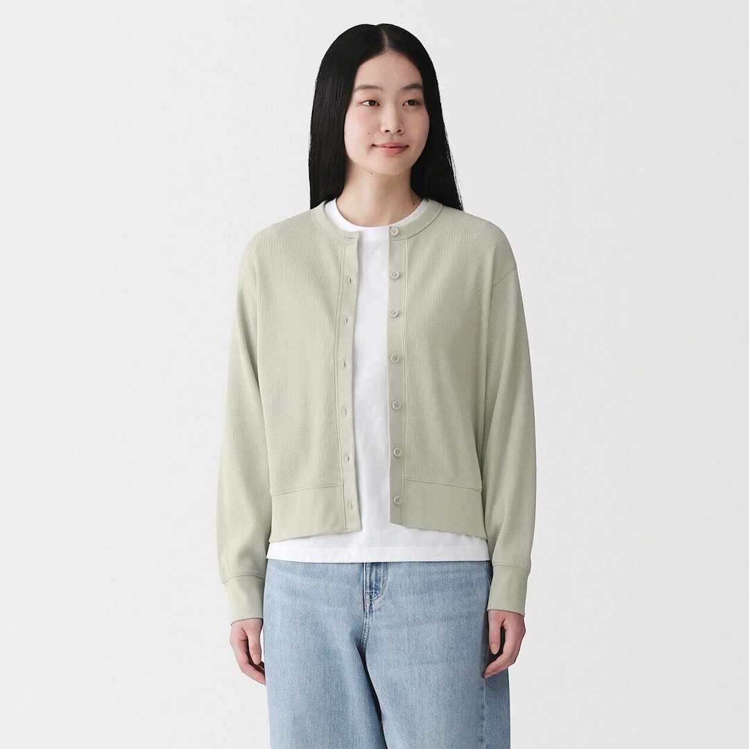 Cardigan à col ras du cou en coton biologique tricoté et gaufré pour femme