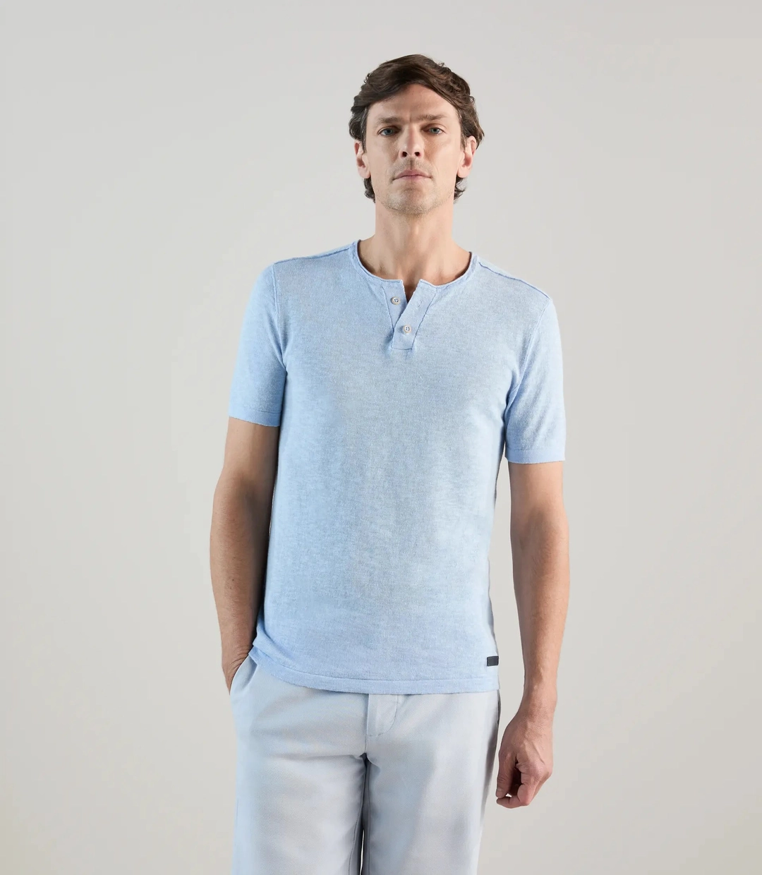 IZAC - T-shirt à manches courtes avec col tunisien bleu ciel