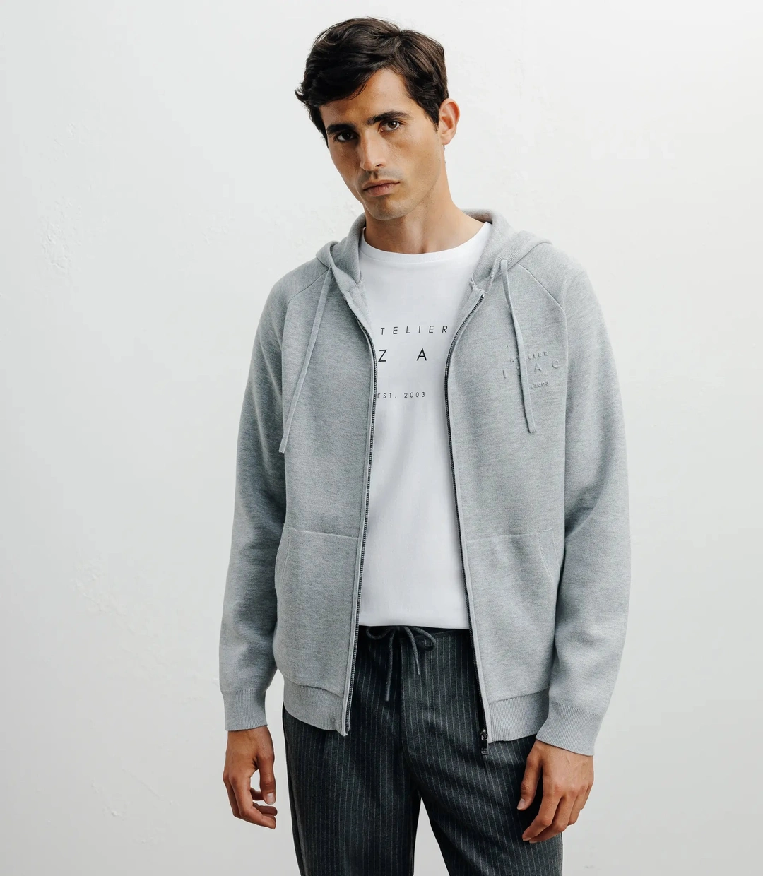 IZAC - Hoodie zippé à capuche en maille gris chine
