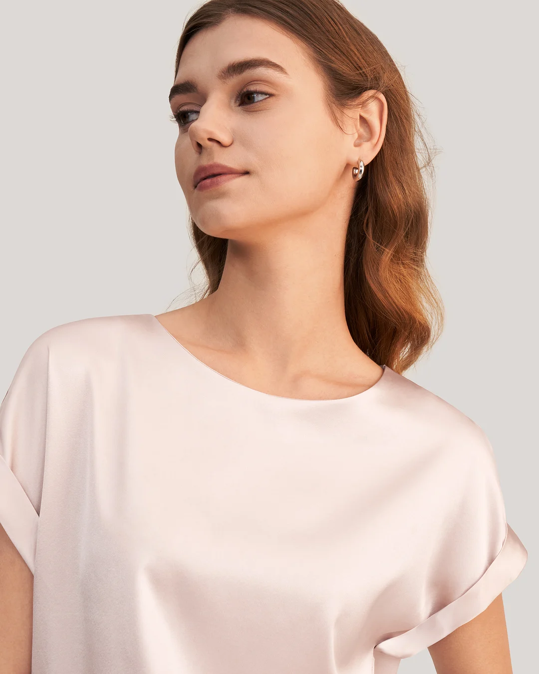 LILYSILK T Shirt Soie Coupe Régulière Poignets Roulés Mancherons Bleu Marine S