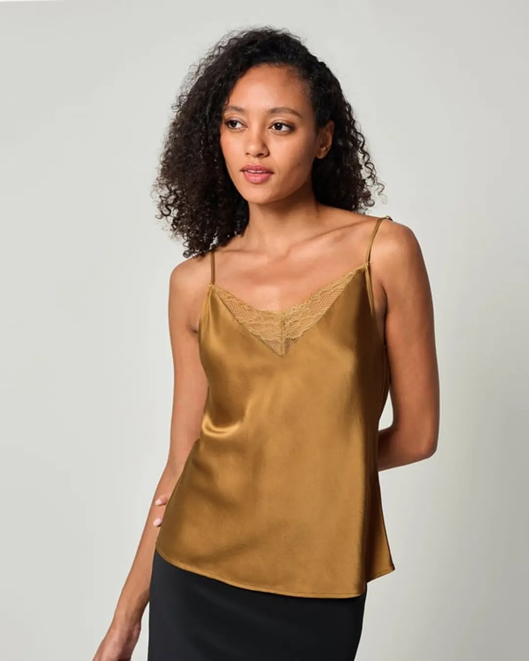LILYSILK Caraco 2 en 1 Femme en Soie Charmeuse et Dentelle | Chameau Profond S