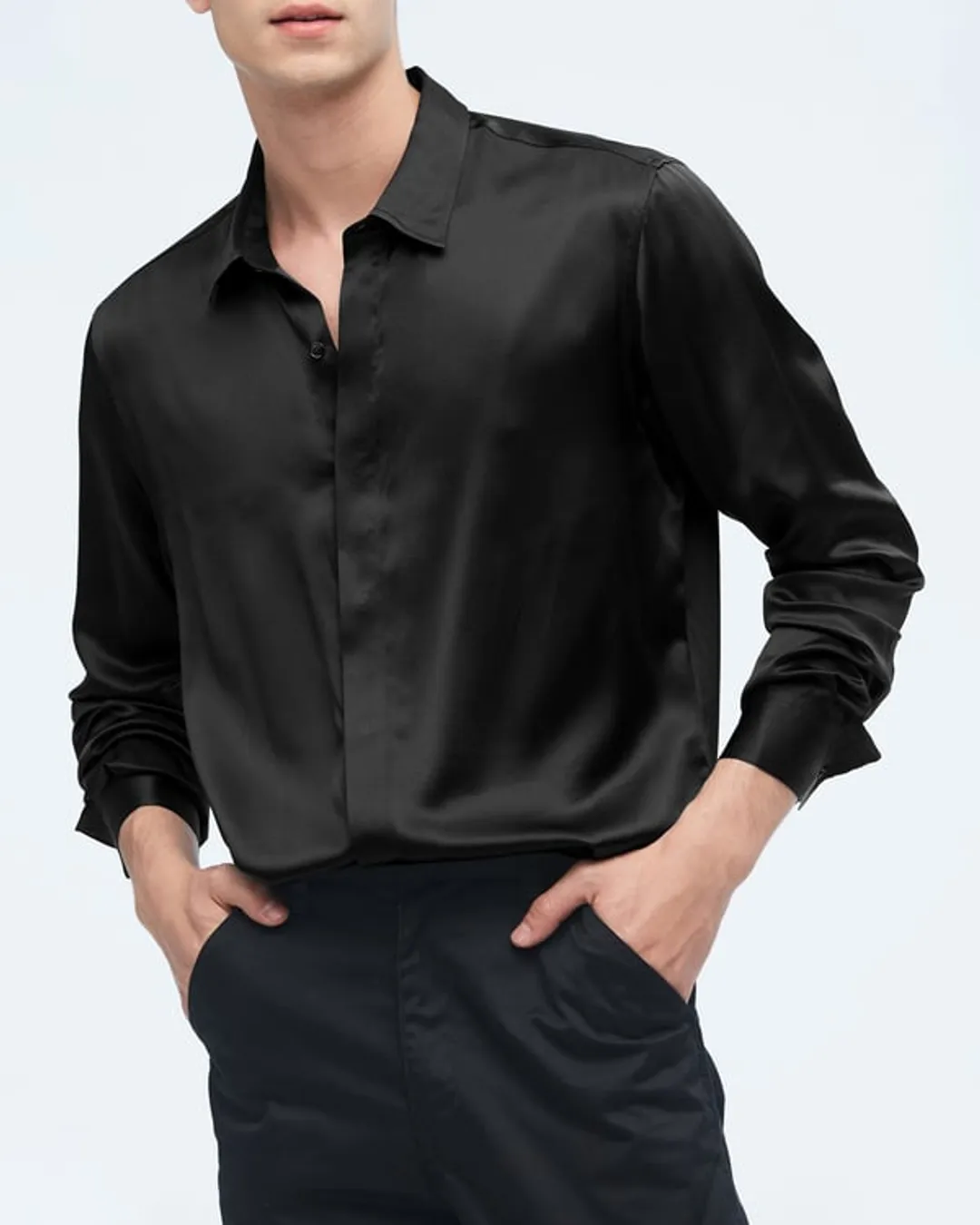 LILYSILK Chemise Classique en Soie à Manches Longues pour Hommes Noir XL