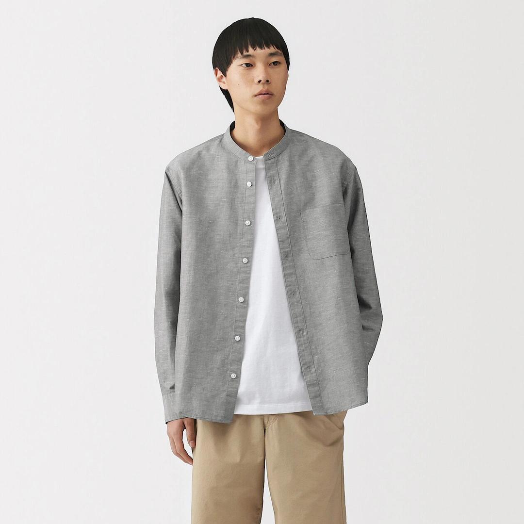 Chemise à col mao en mélange de chanvre pour homme