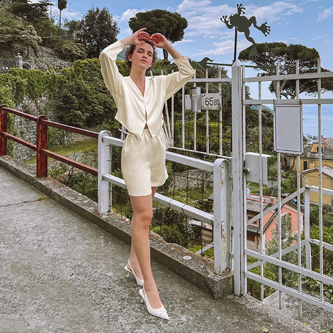 LILYSILK Pyjama De Soie Femme Blanc Couleurs Neutres Et La Poche Oblique 100% Soie Respirant Super Léger L