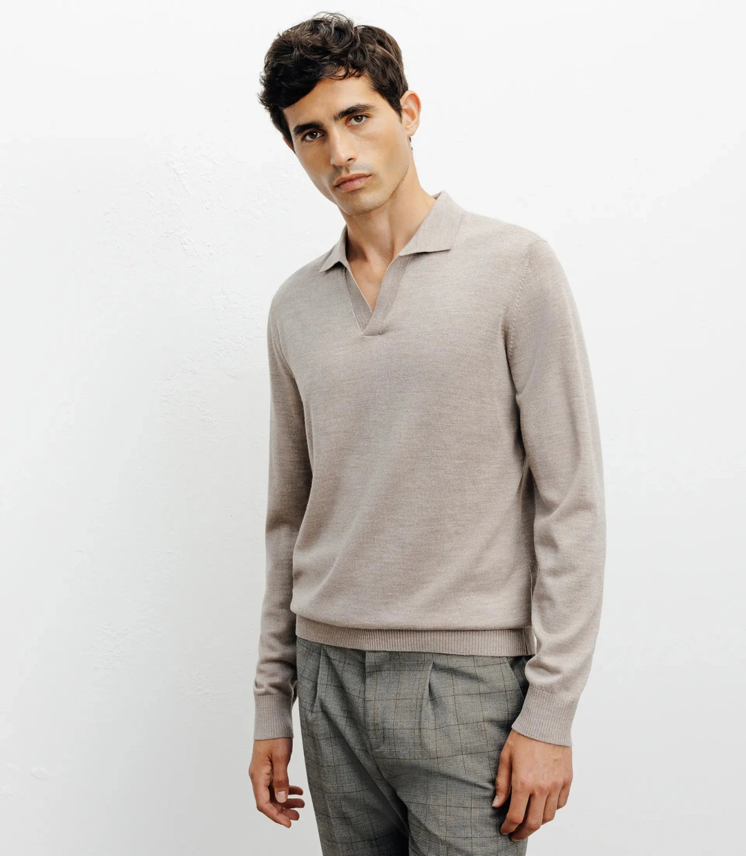 IZAC - Pull col polo en laine mérinos beige