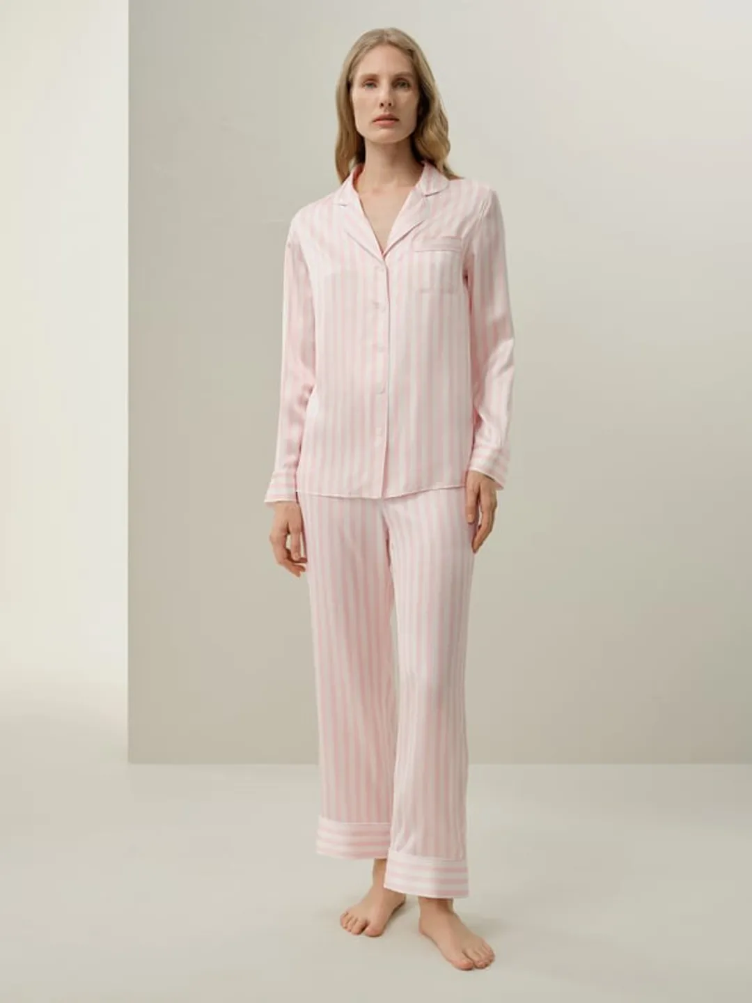 LILYSILK Femme Pyjama en Soie Charmeuse Rayé Élégant Confort XL Rose et Blanc