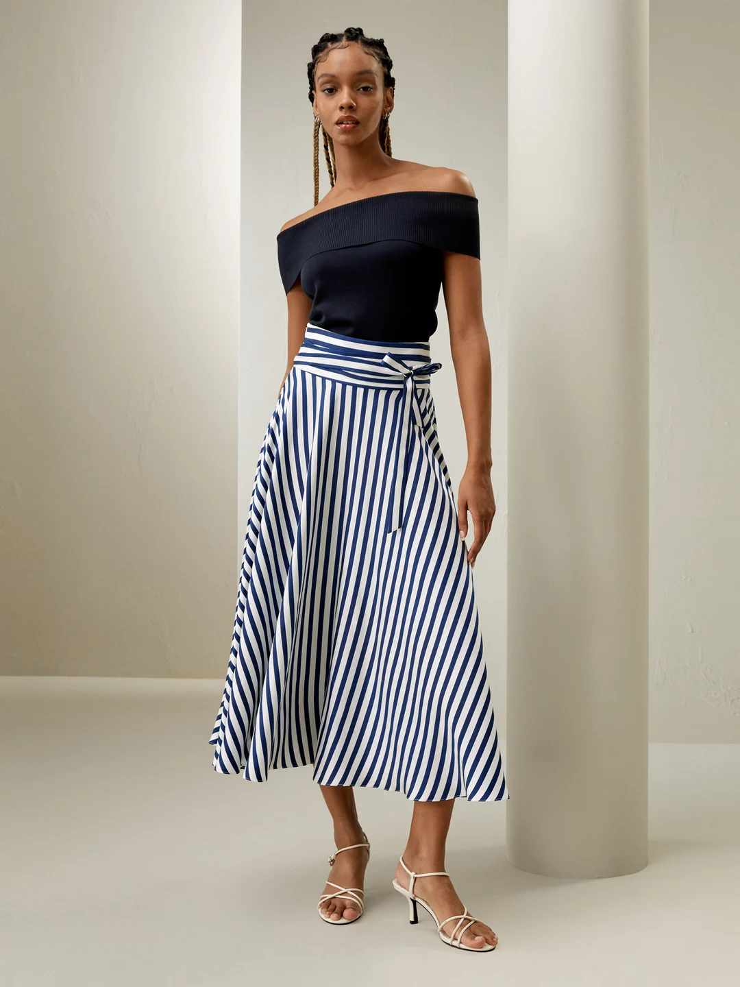 LILYSILK Jupe En Soie Mi Longue Rayures Bleues Jupe Midi, Forme Régulière 100% Soie Pure Doux Pour La Peau Et Respirant 38