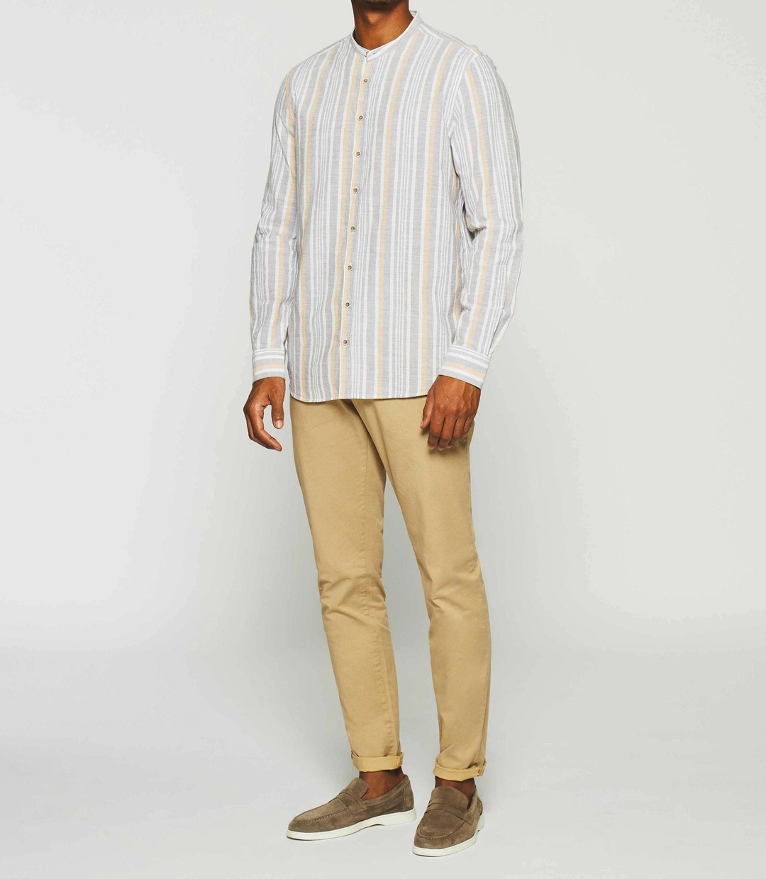 IZAC - Chemise à rayures en lin col mao camel KABOSA