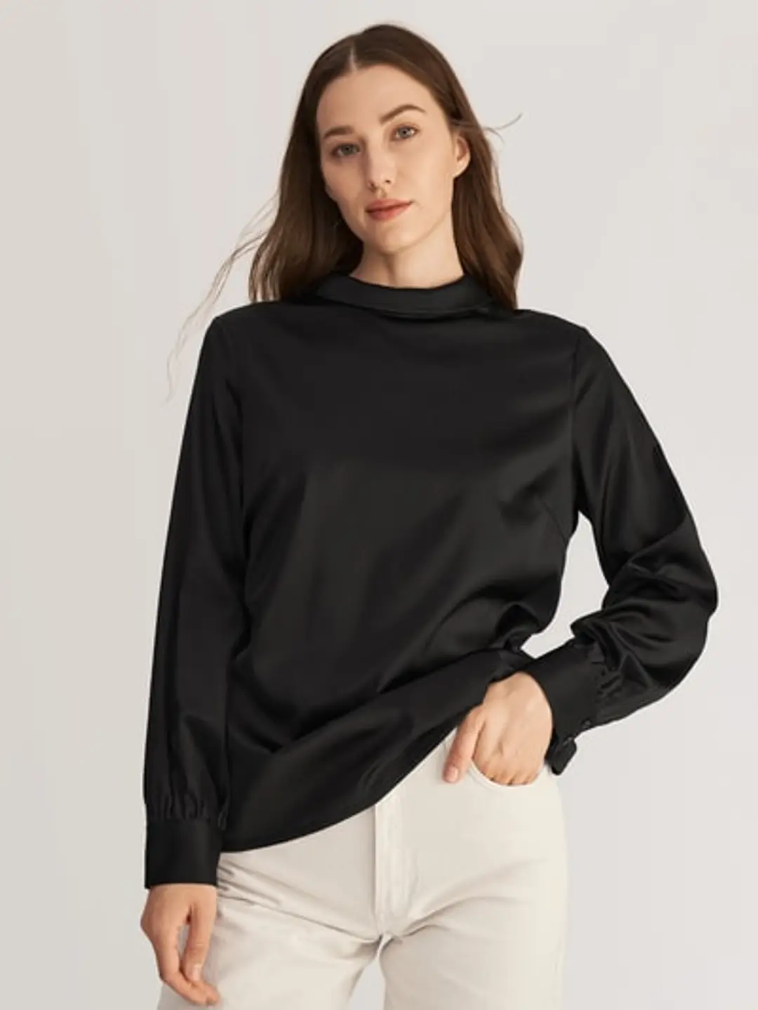 LILYSILK Chemisiers En Soie Femme Col Montant, Manches Longues Soie Extensible De Qualité Température Réglable Chemises Argenté XS