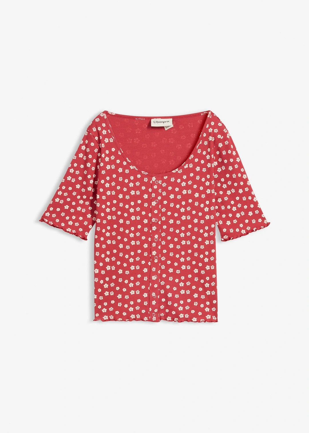 T-shirt côtelé à imprimé floral, manches coude