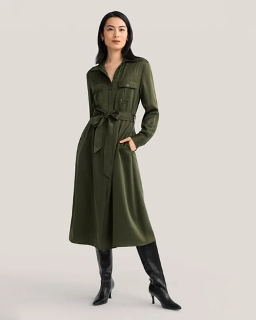 LILYSILK Robe En Soie Chic Longue Femme Soie Lavée En Sable Robe Trench Militaire Porte De Multiples Façons Vert Safari L