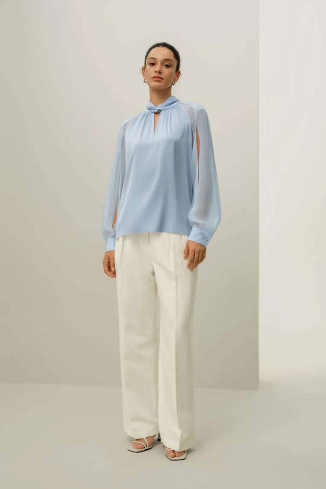 LILYSILK Blouse Manches Lanterne Bleu Illusion M - Élégante & Chic, Col Noué, Manches Semi-Transparentes