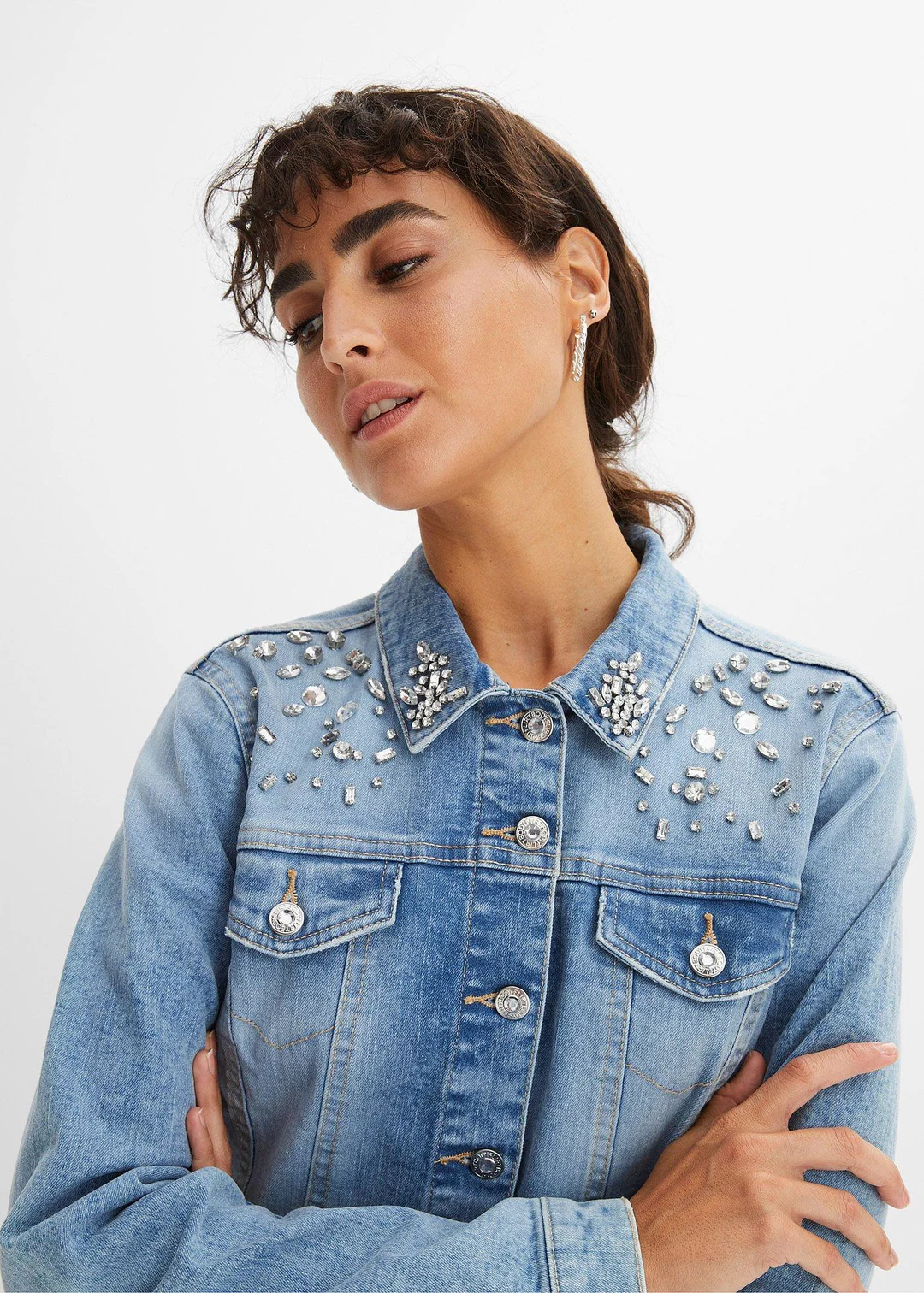 Veste en jean avec strass appliqués - 3