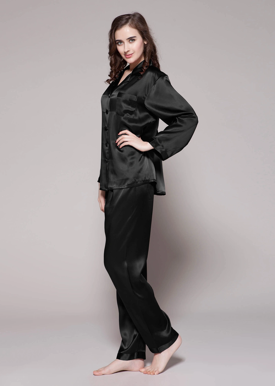 LILYSILK Pyjama Soie Noir Femme Noir Revers Crantés, Boutons Enveloppés De Soie 100% Soie Pure Maintient L'Hydratation Pour Mieux Dormir S
