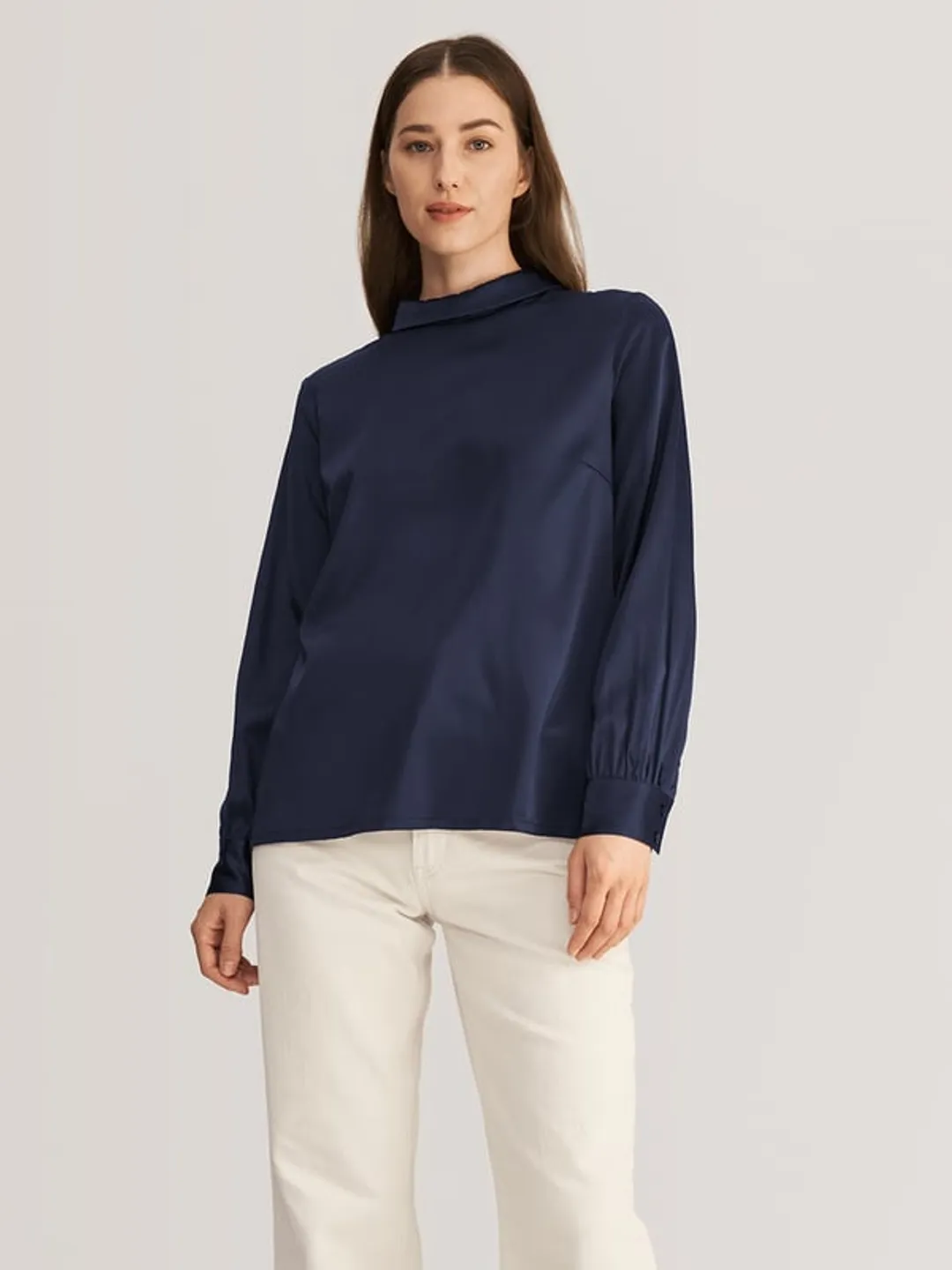 LILYSILK Chemisiers En Soie Femme Col Montant, Manches Longues Soie Extensible De Qualité Température Réglable Chemises Argenté XS
