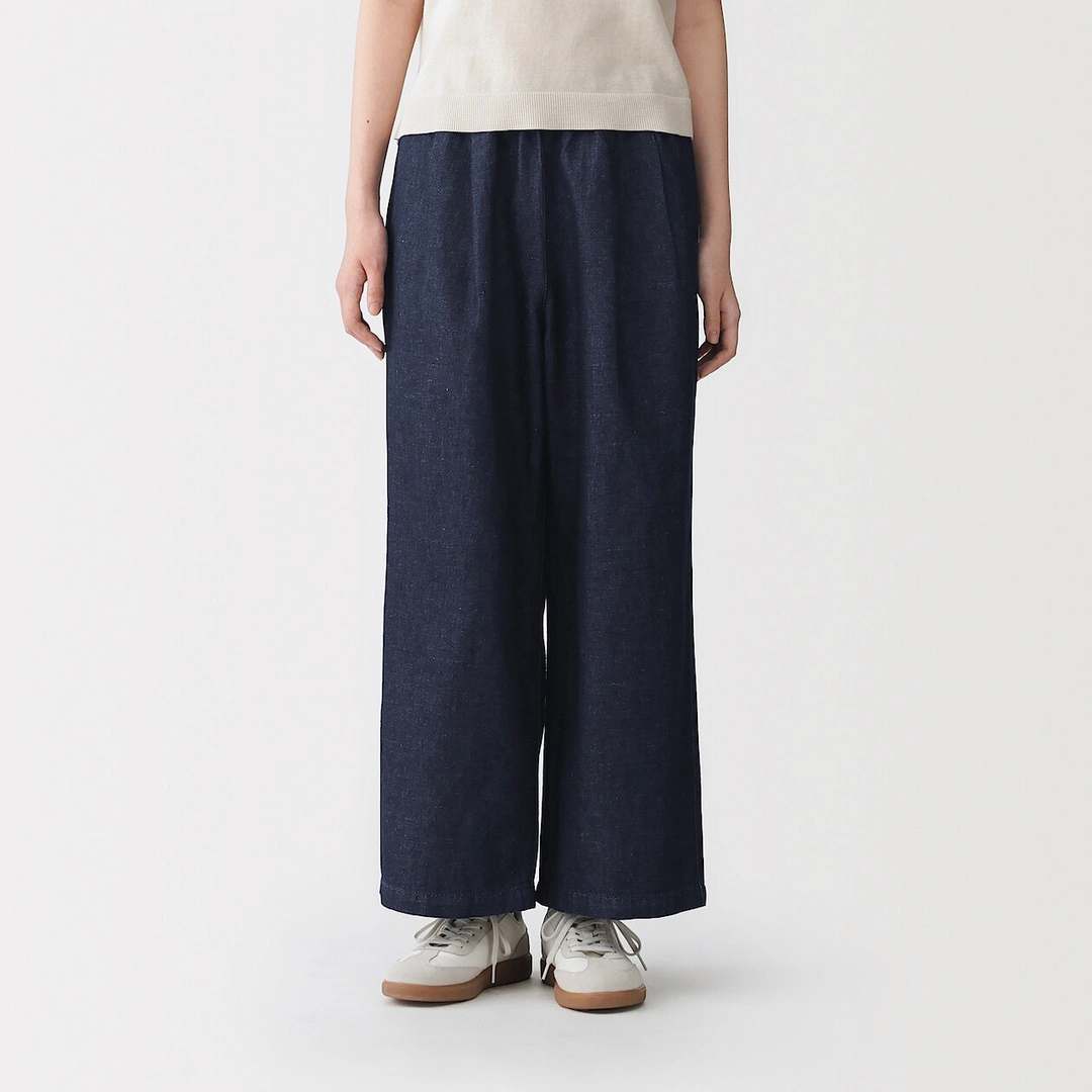 Pantalon large en mélange lin-denim pour femme