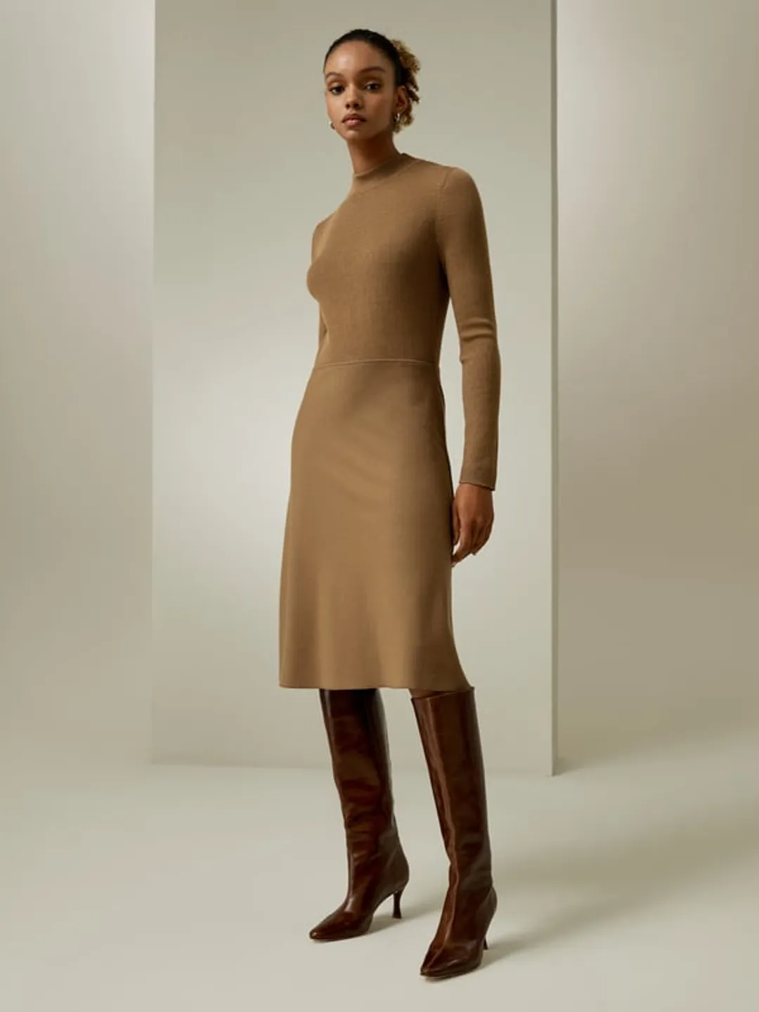 LILYSILK Robe En Laine Coupe Régulière Ajustée Mélange Soie-Laine Sa Taille Mi-Haute Sophistiqué Et Élégant Ocre Xs