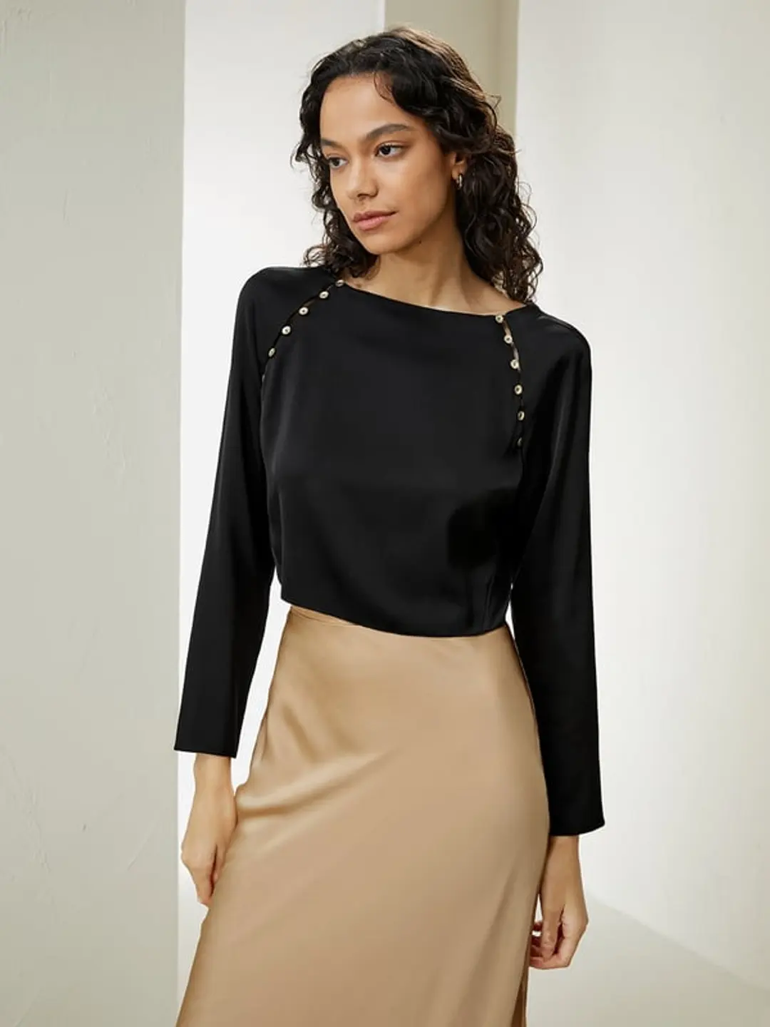 LILYSILK Top En Soie Blanc Embrasures Fendues Avec Boutons 100% Soie Double Joe Sans Produits Chimiques Nocifs 46