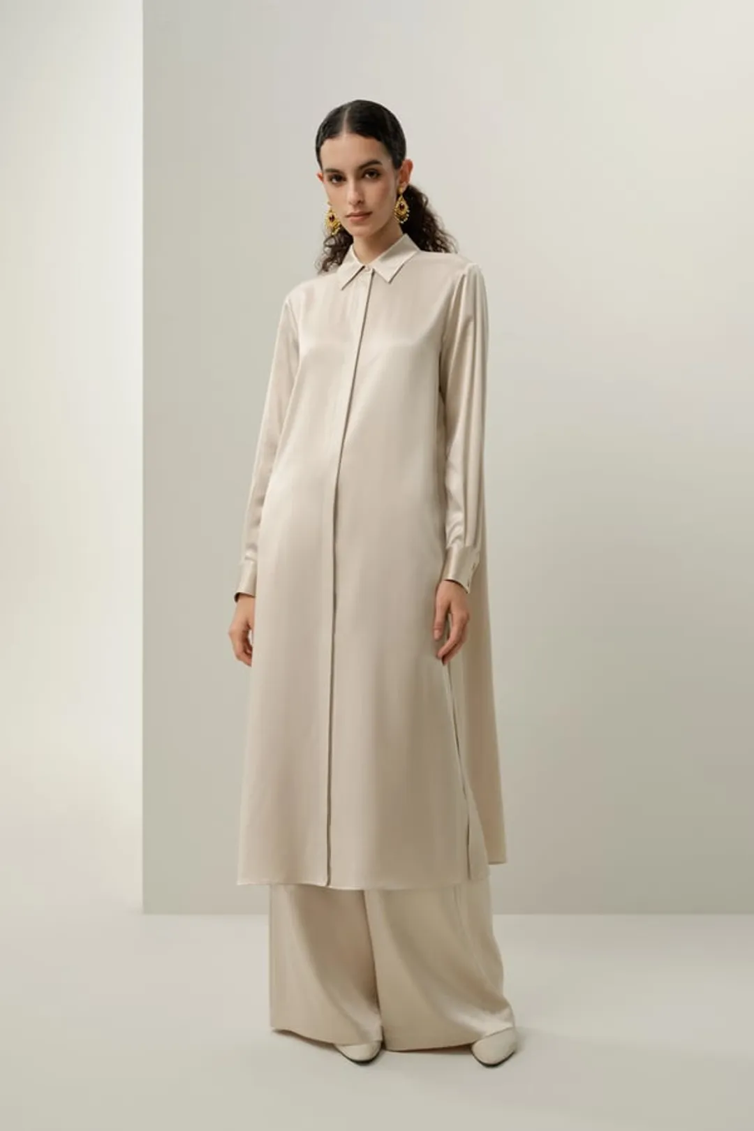 LILYSILK Robe Chemise Longue en Soie Charmeuse Stretch Femme Élégante Bleu Vapeur XS