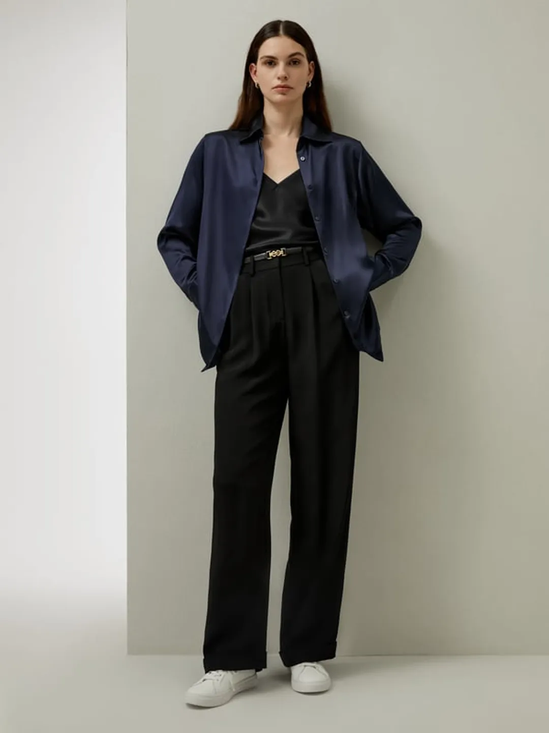 LILYSILK Pantalon Large En Soie À Plis Timeless Taille Intermédiaire, Élastique À L'Arrière Crêpe De Chine En Soie Noir 46