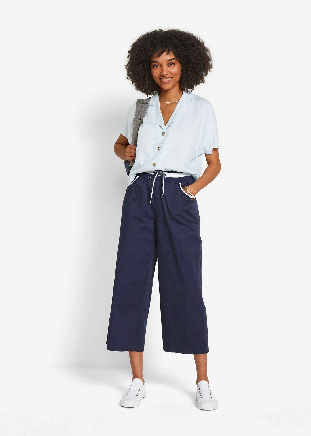 Pantalon large en coton paper touch à taille élastique