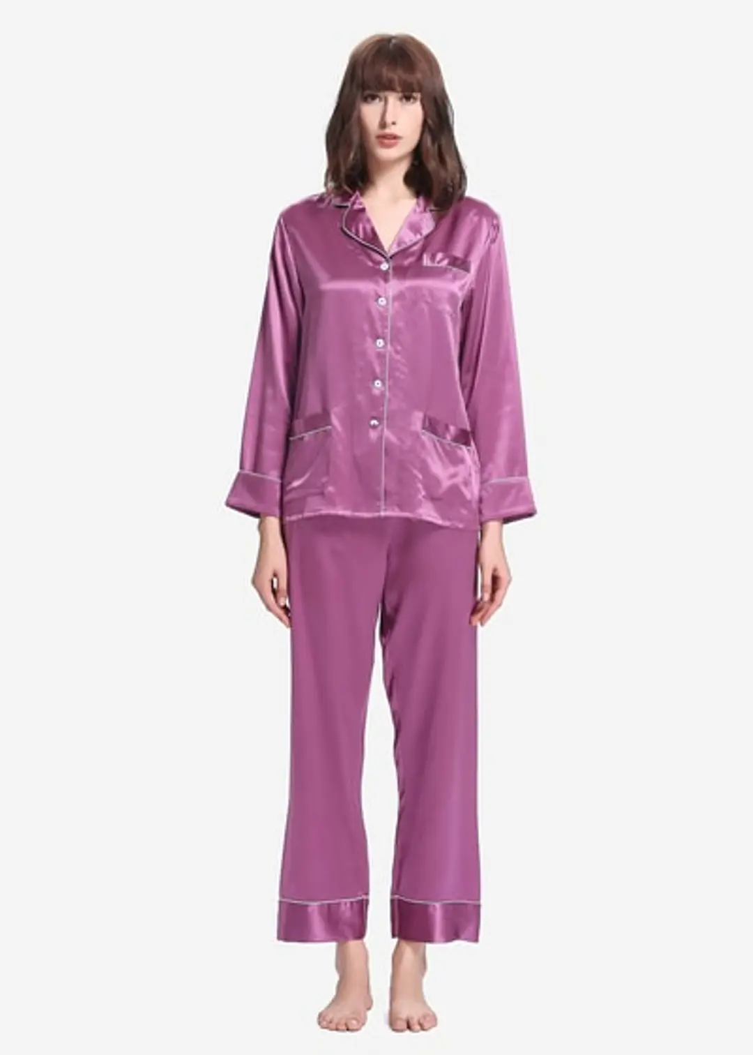 Ensemble Long Pyjama En Soie Liseré Contrastant