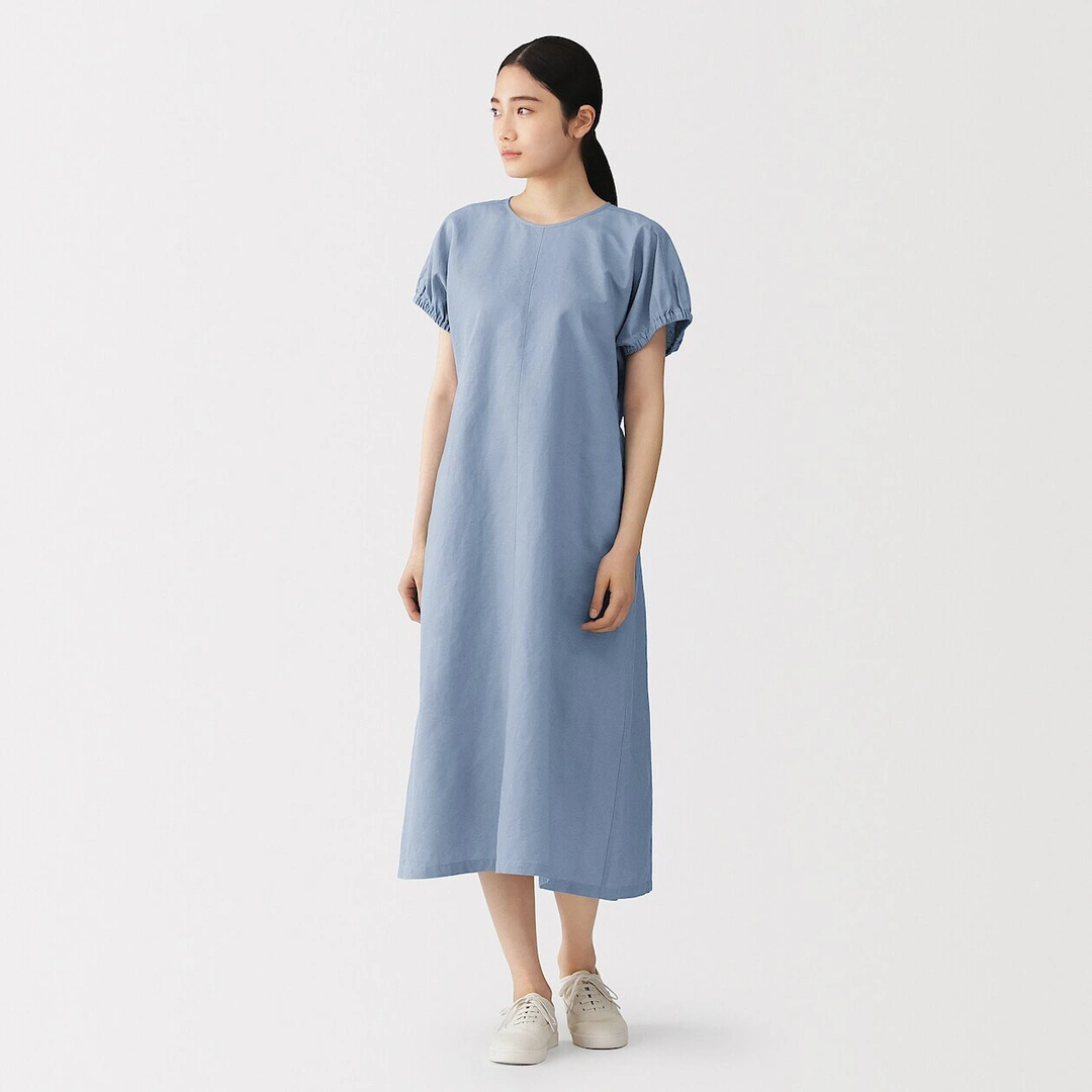 Robe à manches froncées en mélange de chanvre pour femme