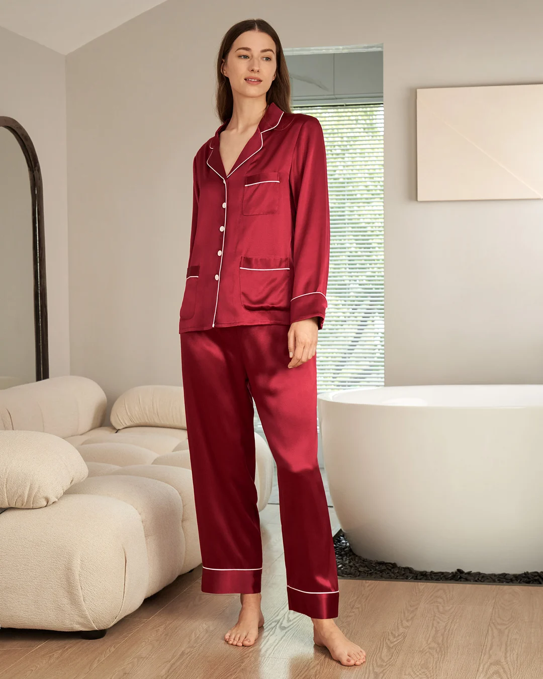LILYSILK Pyjama Soie Rouge Femme Rouge Vineux Ensemble De Pyjama Deux Pièces 100% Soie Naturellement Antibactérien L