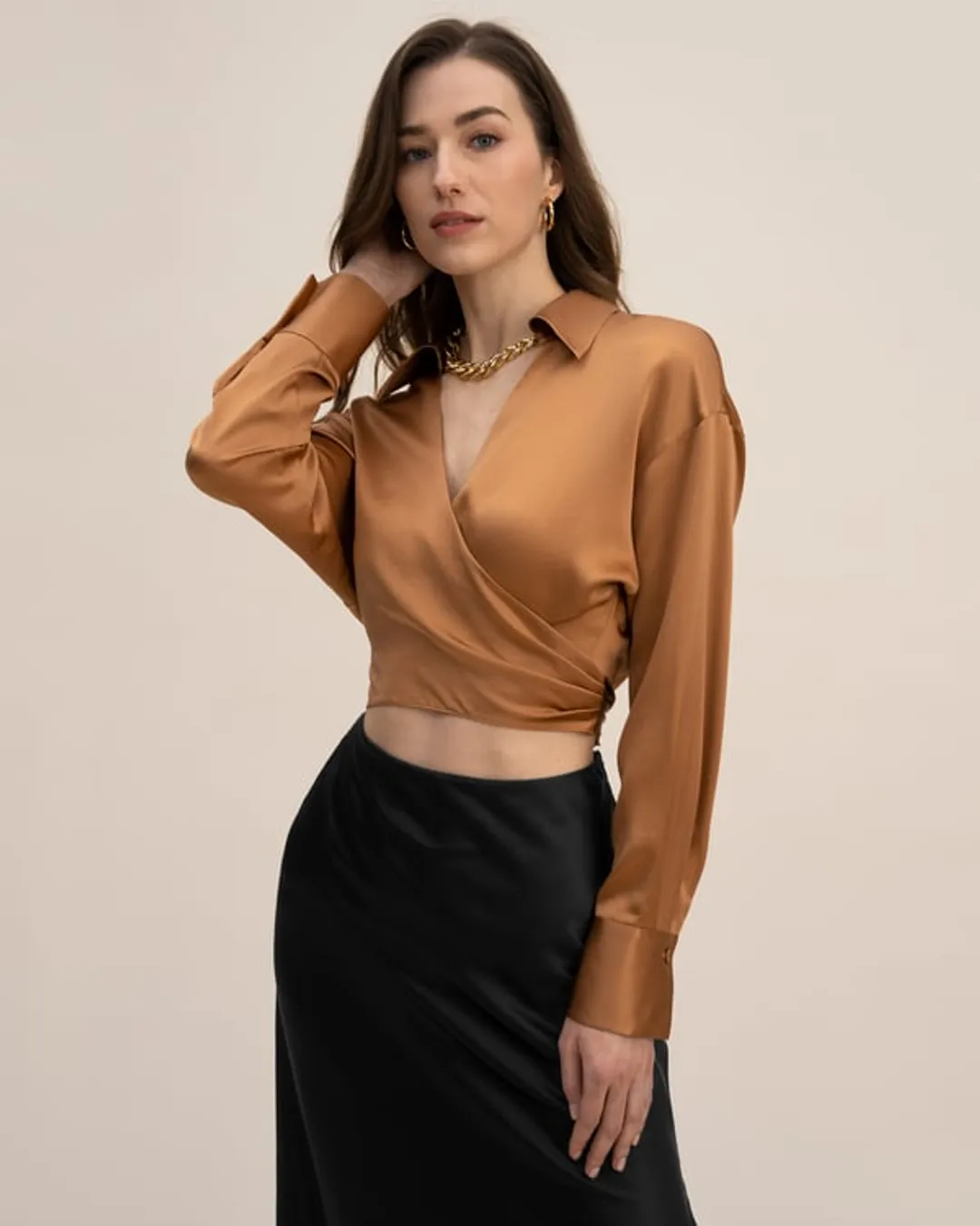 LILYSILK Chemise Enveloppante Caramel XL Élégante Soie Charmeuse 22 Momme Douce et Fluide