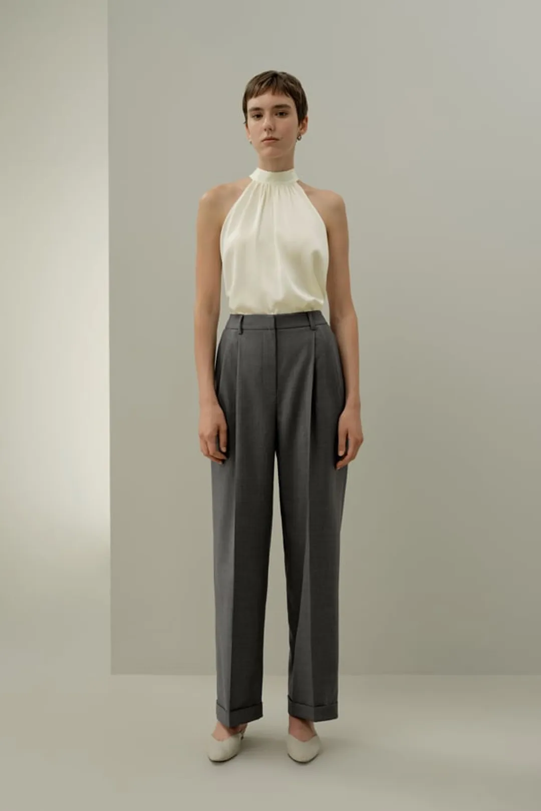 LILYSILK Pantalon Droit Laine & Soie Suie 34 - Taille Plissée, Confort Respirant