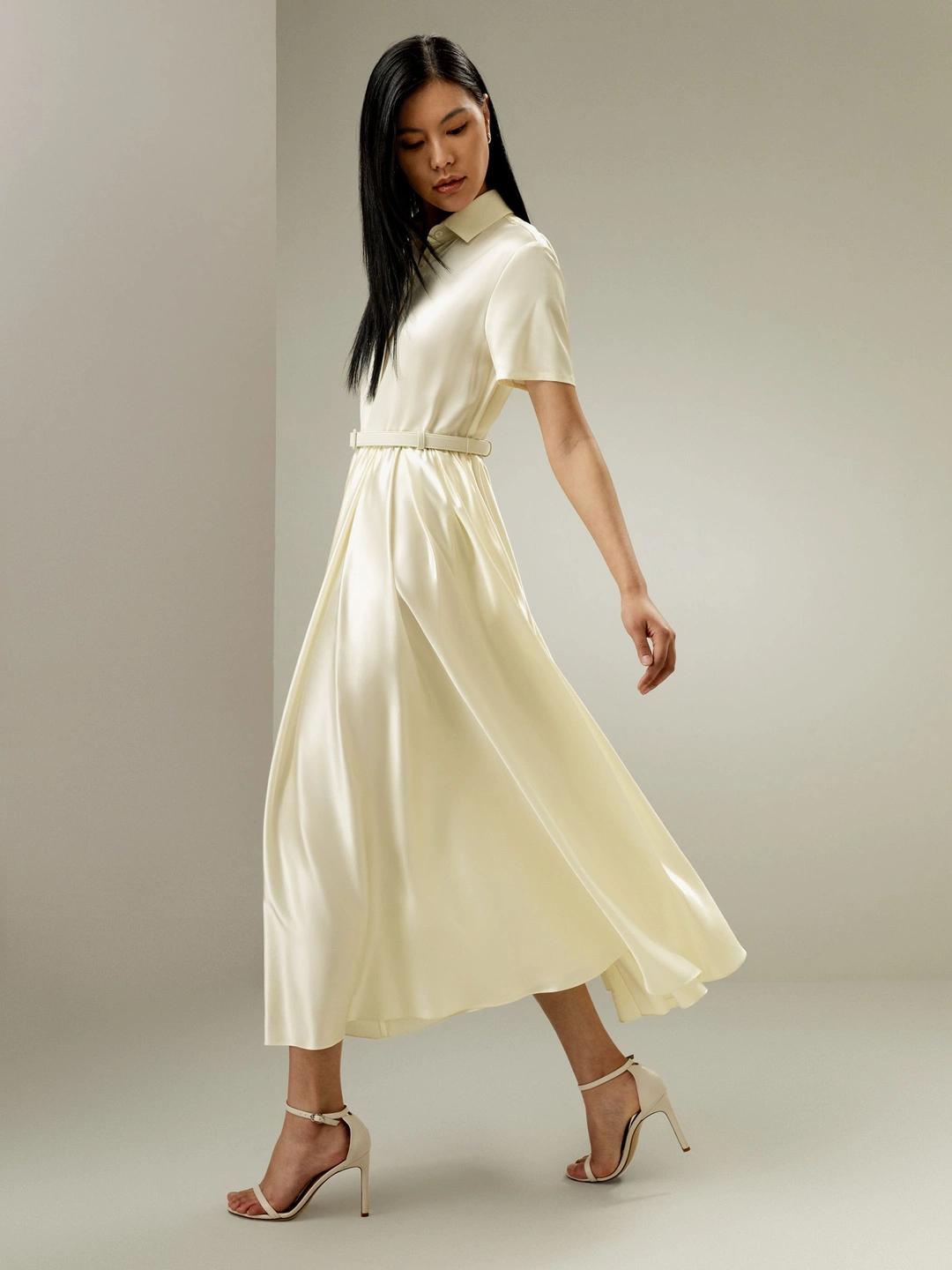 LILYSILK Robe En Soie Longue Blanc Ceinture En Soie Assortie, Col Chemise 100% Soie Charmeuse Sans Produits Chimiques Nocifs 40