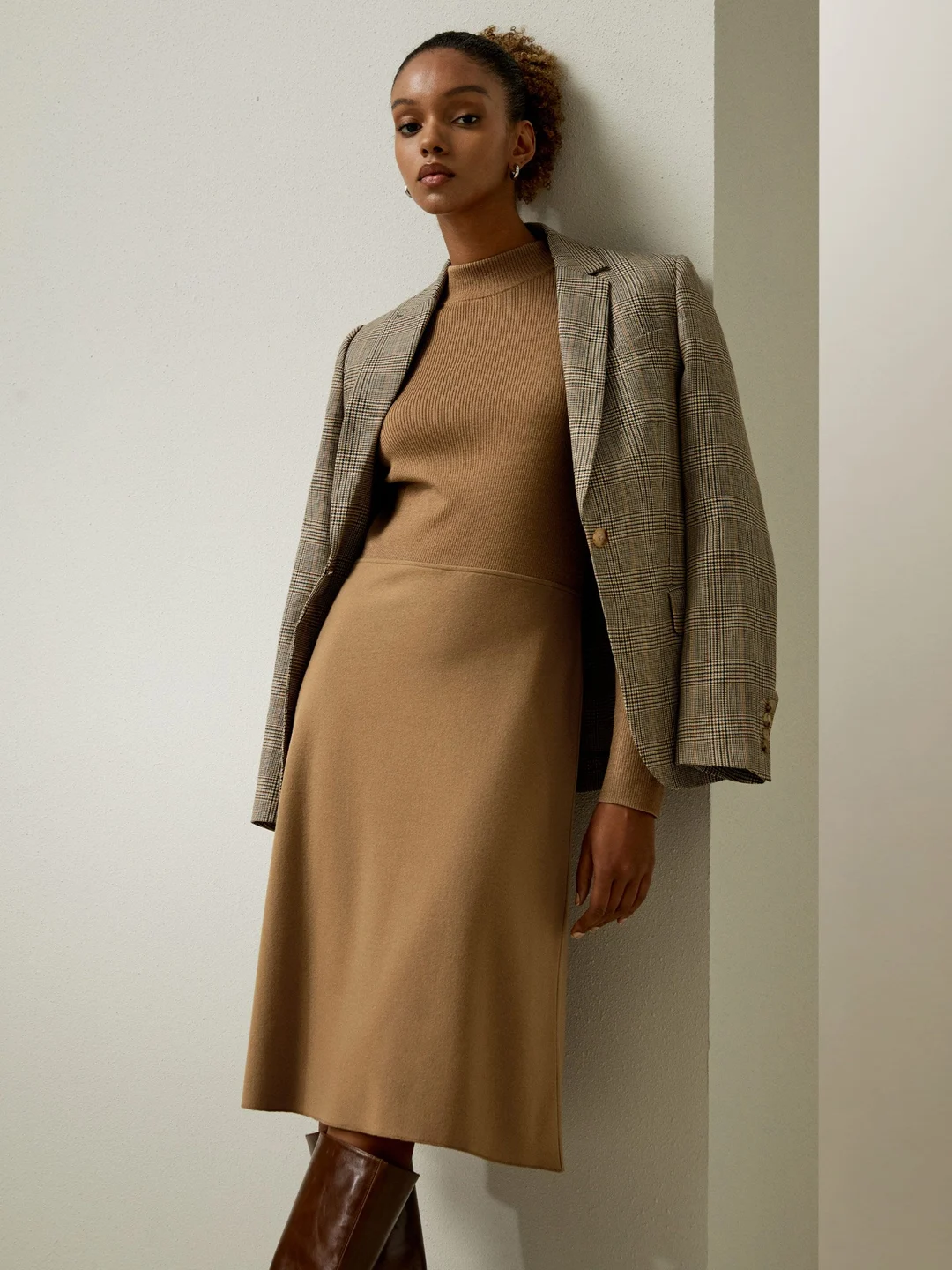 LILYSILK Robe En Laine Coupe Régulière Ajustée Mélange Soie-Laine Sa Taille Mi-Haute Sophistiqué Et Élégant Ocre Xs