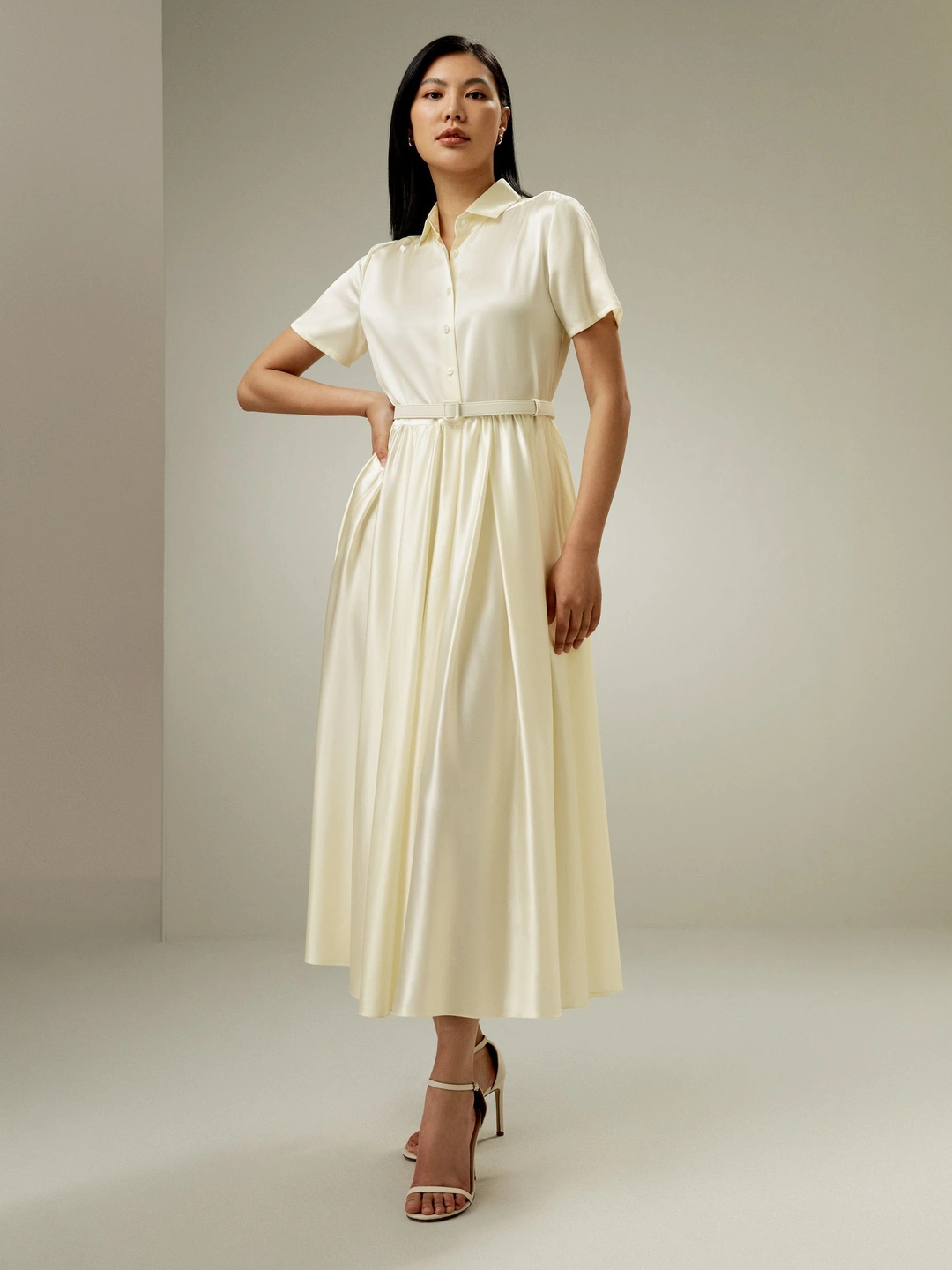 LILYSILK Robe En Soie Longue Blanc Ceinture En Soie Assortie, Col Chemise 100% Soie Charmeuse Sans Produits Chimiques Nocifs 40