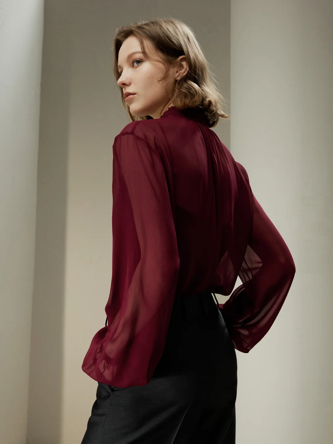LILYSILK Blouse Soie Femme Rouge Cordon De Serrage À L'Avant Georgette Semi-Transparent Décontracté Et Professionnel L