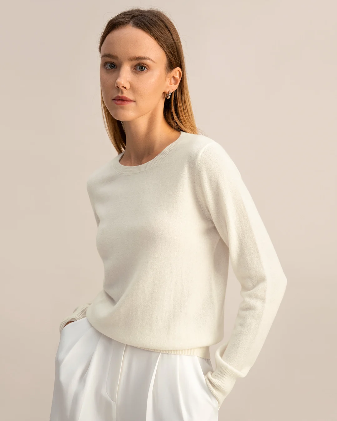 LILYSILK Pull Femme 100% Bébé Cachemire Col Rond Doux Pour La Peau Et Respirant Blanc Naturel